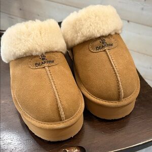 BearPaw Platform Chestnut Suede Shearling Clog Slippers NWOT